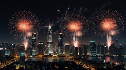 Obraz premium Vibrant Fireworks Display Over City Skyline at Night