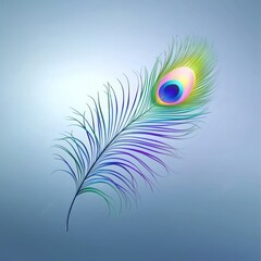 Obraz premium A vibrant peacock feather with an iridescent eye, showcasing shades of green, blue, and purple against a soft blue background.