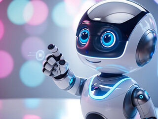Futuristic Cute and Friendly Robot with Glowing Eyes Exploring a Neon City