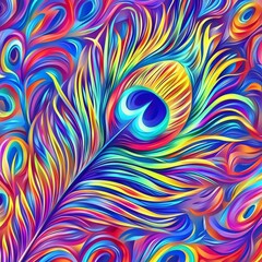 Vibrant peacock feather illustration in a rainbow palette, showcasing intricate patterns and vivid colors.