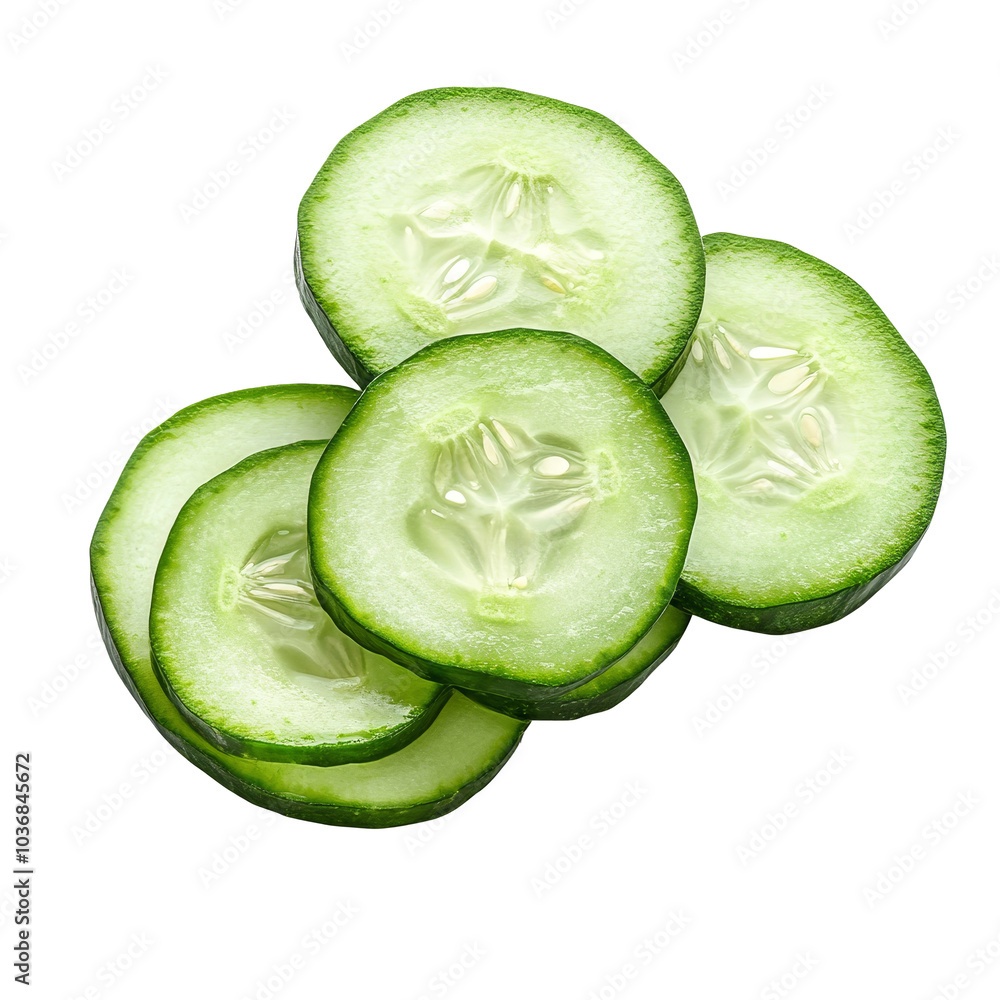 Poster freshly sliced cucumber rounds on a clean transparent background for culinary and health application