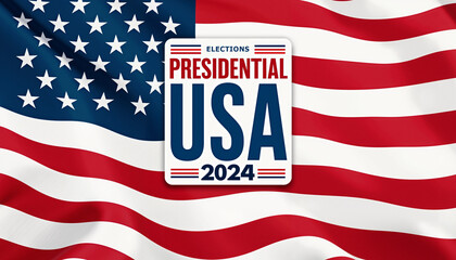 A waving American flag with a white square graphic featuring the text "PRESIDENTIAL USA 2024", emphasizing the upcoming US Presidential Election in 2024. The design is clean and bold, highlighting the