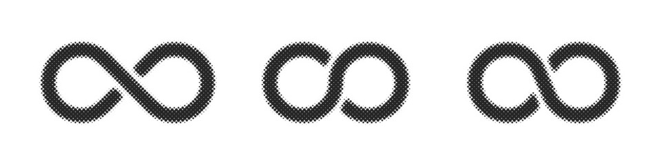 Halftone-dotted black infinity symbols. Noise design elements for unlimited infinity, endless, eternity, loop, discontinuation, and repetition concepts. Grunge-grain vector illustration