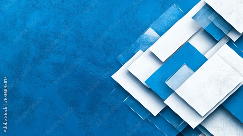 Wall mural Modern abstract blue background design with layers of textured white transparent material in triangle diamond and squares shapes in random geometric pattern