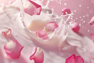 A bowl of milk with fresh rose petals floating on the surface