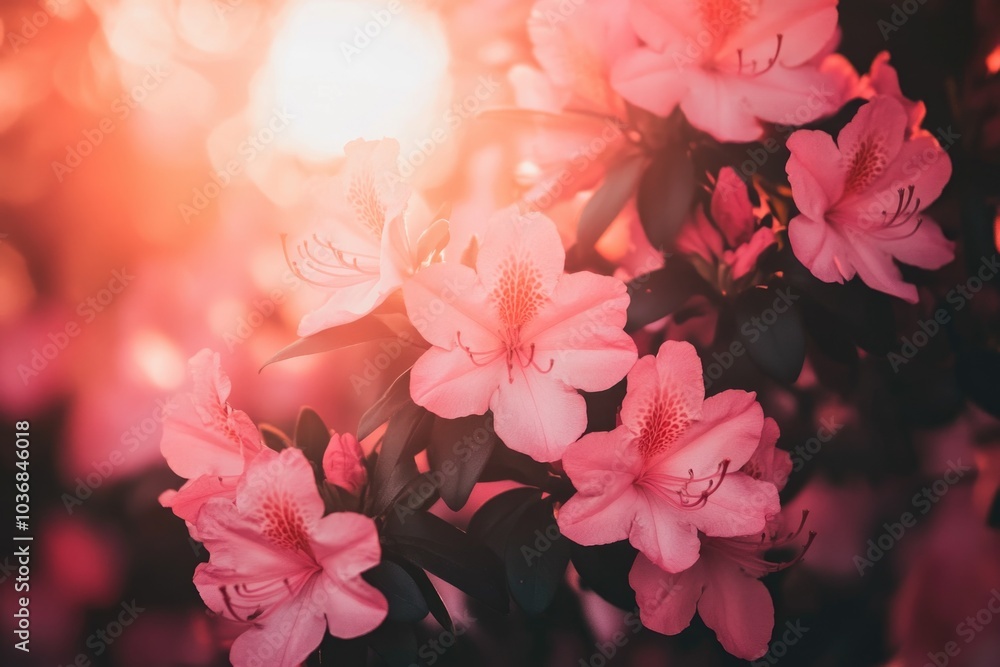 Poster a bunch of pink flowers grows on a tree's branches, adding a pop of color to the scene