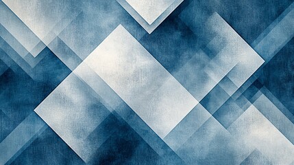 Modern abstract blue background design with layers of textured white transparent material in triangle diamond and squares shapes in random geometric pattern