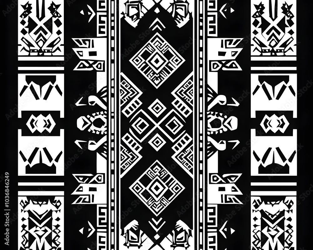 Poster monochromatic tribal pattern with aztec inspired symbols and intricate borders