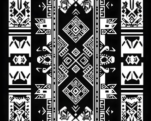Monochromatic Tribal Pattern with Aztec Inspired Symbols and Intricate Borders