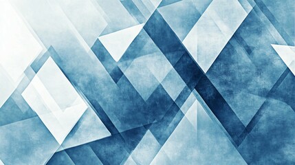 Modern abstract blue background design with layers of textured white transparent material in triangle diamond and squares shapes in random geometric pattern