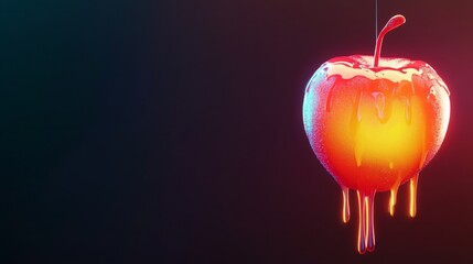 A glossy red apple with dripping caramel, set against a dark background.