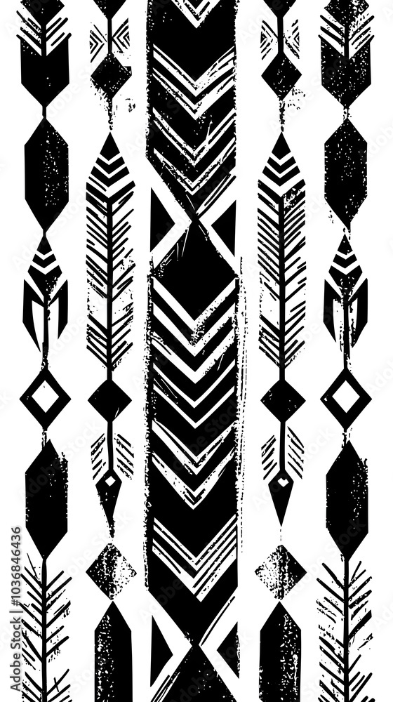 Poster bold black and white tribal pattern with sharp angular shapes and arrows evoking strength and power