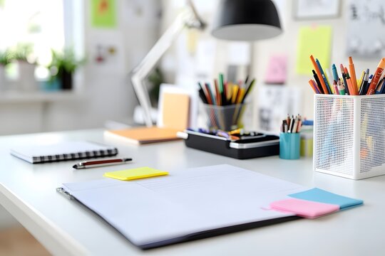 A White Desk with a Notebook, Sticky Notes, and Pencils - Powered by Adobe