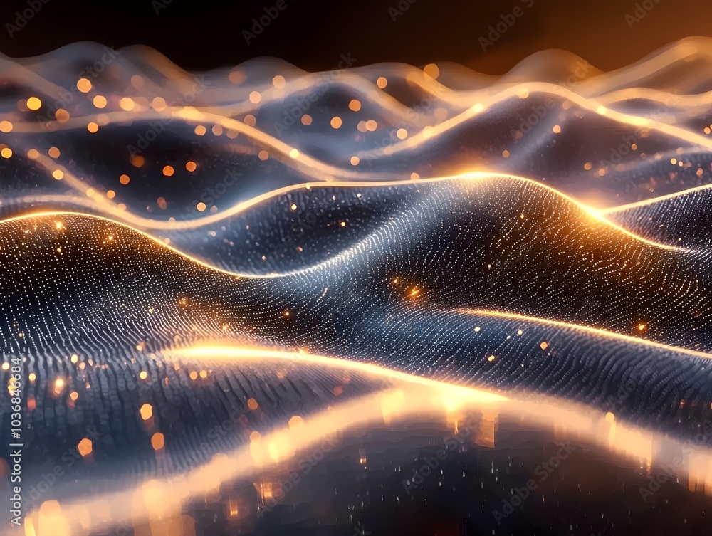 Poster a mesmerizing abstract digital landscape featuring smooth waves illuminated by glowing lights, evoki