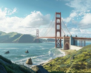 Golden Gate Bridge framed by lush greenery and calm waters under a bright blue sky.