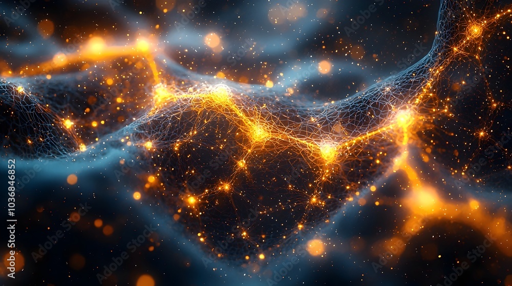 Poster an abstract representation of interconnected networks, featuring glowing orange nodes against a dark