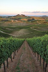 Fototapeta premium Lush green vineyards stretch across rolling hills at sunset, creating a serene and picturesque landscape.