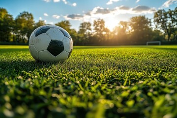 Fototapeta premium A soccer ball resting on lush green grass in a sunlit park with trees in the background during late afternoon