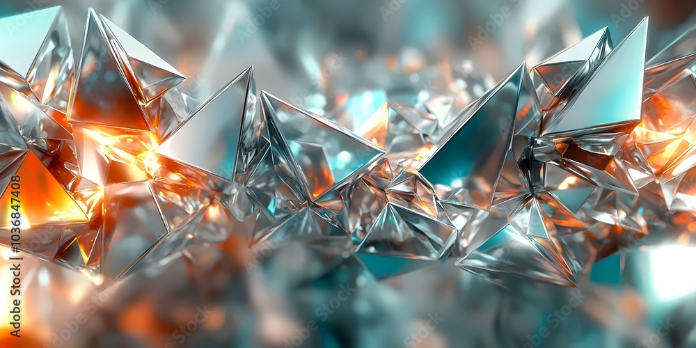 Poster an abstract composition of sharp, metallic triangles reflecting light in vibrant shades of orange an