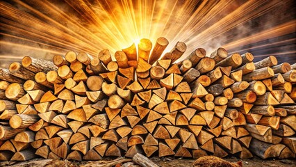 Stacked Firewood Basking in Golden Sunlight, a Symphony of Warm Hues and Natural Textures