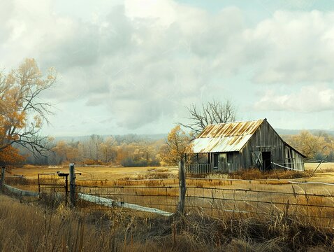 Rustic Barn in a Golden Field - Landscape Photography - Powered by Adobe