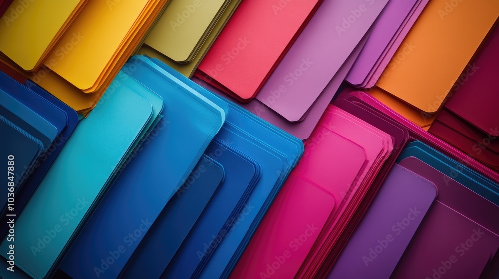 Poster a close-up shot of a collection of vibrant folders with different designs and patterns