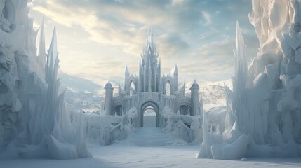 A grand, icy castle stands tall against a cloudy sky. The castle is made of ice and snow, with a large, ornate archway leading to the entrance.