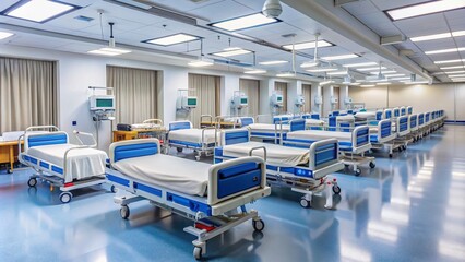 Empty hospital room with rows of beds, medical equipment, and supply carts, prepared for emergency response, showcasing a sense of readiness and commitment.