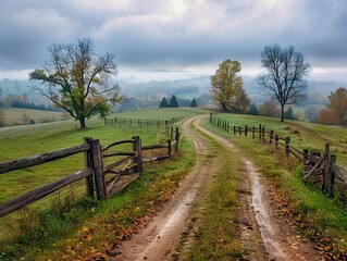 Fototapeta premium Serene Country Road with Foggy Hills and Golden Leaves