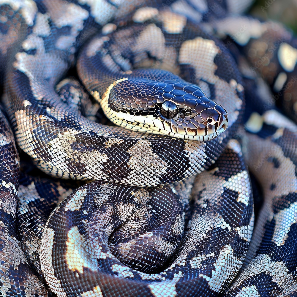 Poster a beautiful close-up of a coiled python, showcasing its intricate scales and vibrant patterns in nat