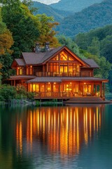 Obraz premium Stunning wooden lake house surrounded by trees, reflecting beautifully in the tranquil water at sunset.