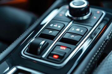 Obraz premium A close-up shot of a car's gear knob, ideal for automotive or transportation-related contexts