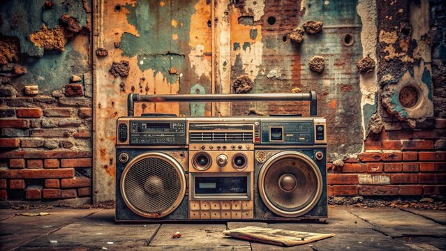 Vintage dusty boombox radio cassette tape recorder with faded buttons and rusty dials stands amidst grungy graffiti-scrawled urban bricks and peeling wallpaper remnants.