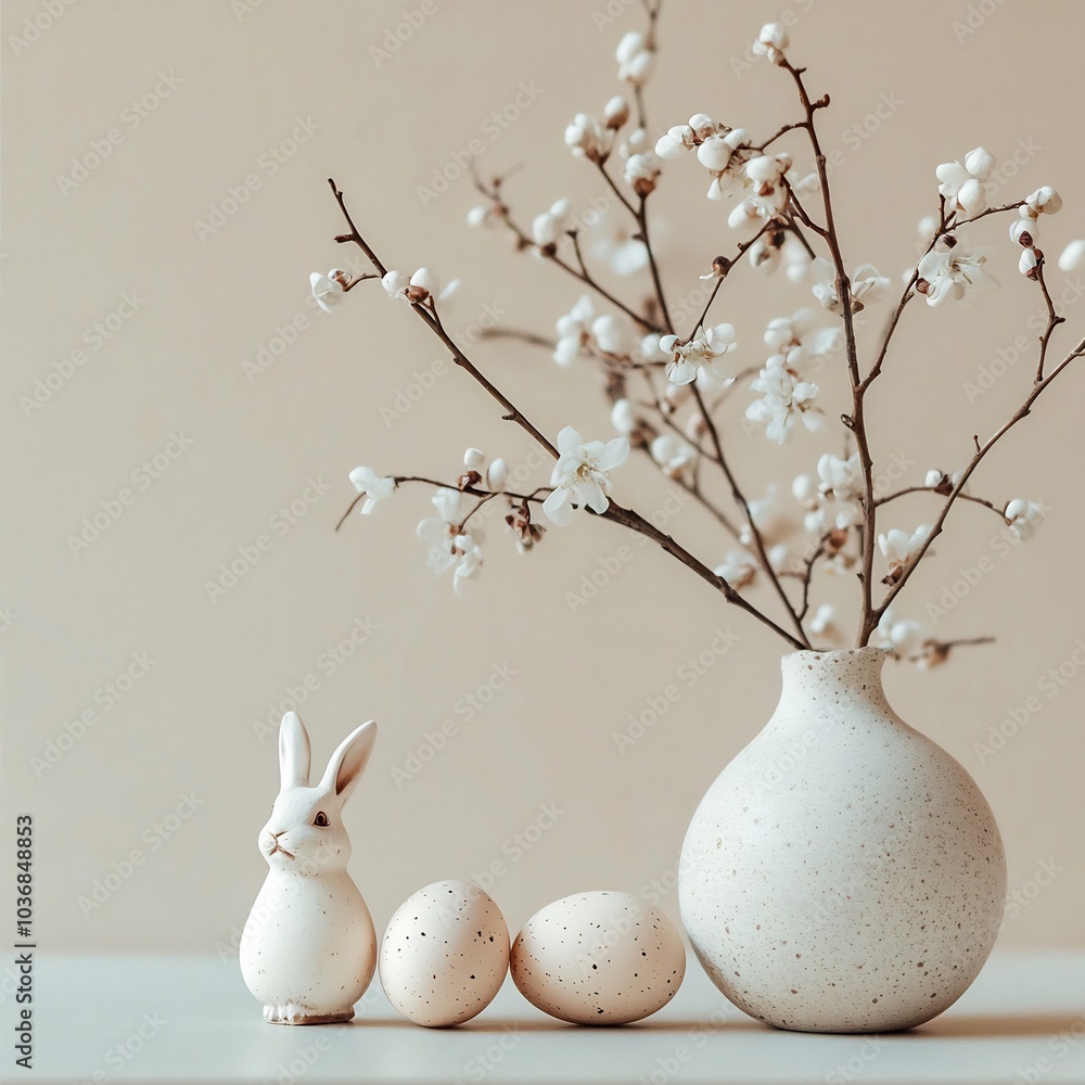 Poster easterthemed setup a few eggs a small bunny figurine and spring flowers placed on a minimalistic bac