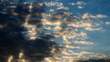 Blue sky with many clouds, sunset time, summer