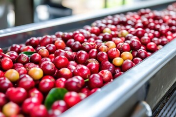 A conveyor belt full of ripe red coffee cherries, ready for processing, in an industrial coffee production setting.