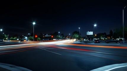 Nighttime city intersection with light trails from vehicles and streetlights.