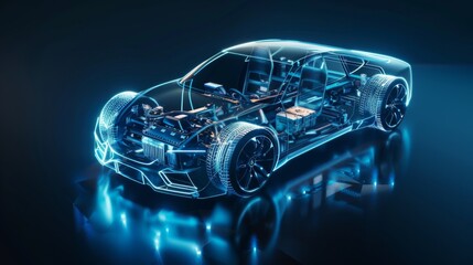 Fototapeta premium Electric car lithium battery pack is illustrated with power connections, showcasing the core of modern automotive technology in a vibrant blue tone