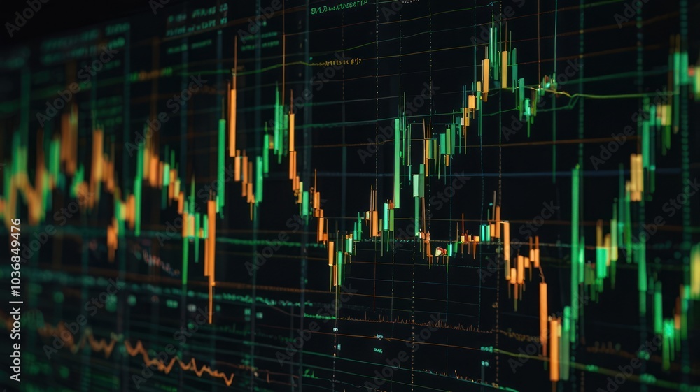 Poster close-up of a computer screen displaying a stock market chart with green and orange lines fluctuatin