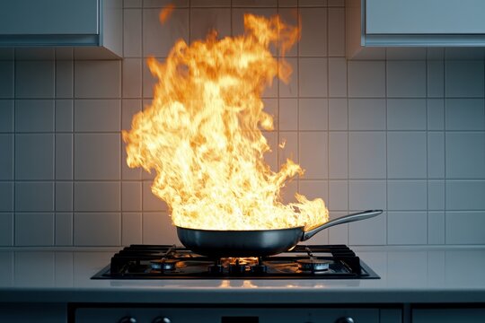 A pan erupts in flames on a kitchen stove, illustrating a dangerous cooking fire and the risk of household accidents.