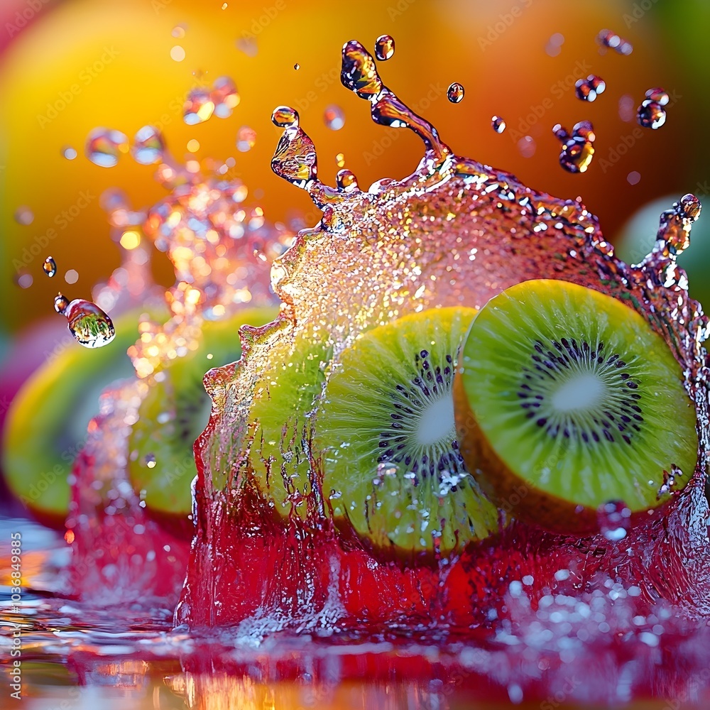 Poster vibrant kiwi slices splash in colorful water, creating a lively scene with droplets sparkling in the