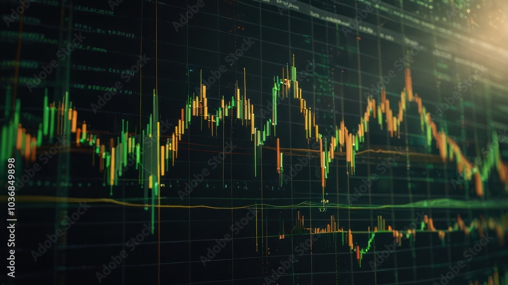 Poster a close-up shot of a stock market chart with a green and orange line graph on a computer screen.