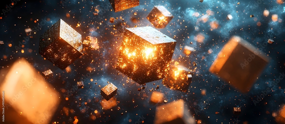 Poster an abstract explosion of glowing geometric cubes suspended in space, creating a dynamic and futurist