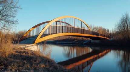 Naklejka premium Elegant Wooden Bridge over Calm River with Reflection in Serene Natural Landscape during Morning