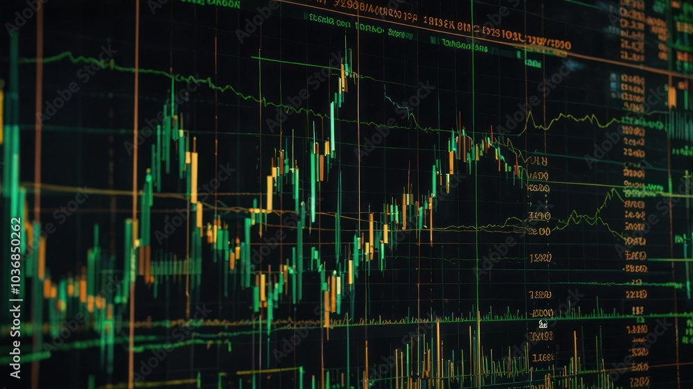 Poster a close-up view of a stock market chart on a computer screen. the chart shows a green and orange lin