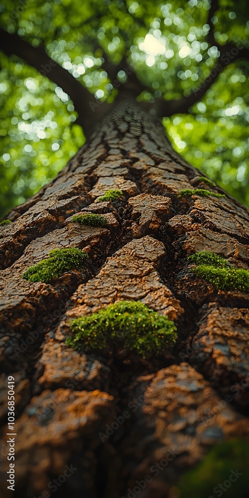 Poster a close-up view of a towering tree trunk with textured bark and lush green moss, basking in dappled 
