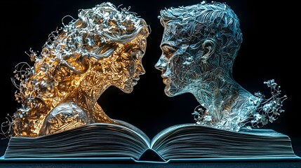 A stunning art piece depicting a man and woman emerging from a book, their forms intricately detailed with floral elements, creating a harmonious and romantic atmosphere.