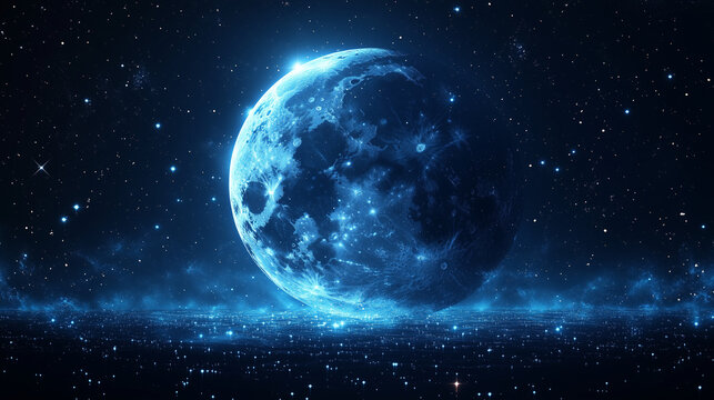 Breathtaking full moon in ethereal blue hues against starry night sky