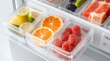 Fresh fruit arranged in clear containers inside a refrigerator drawer.
