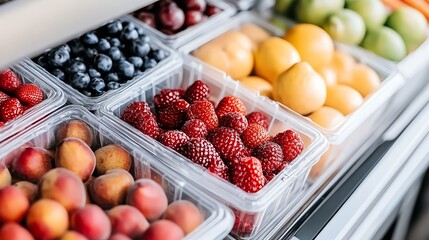 Fresh, vibrant fruit arranged in plastic containers in a grocery store display.